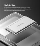 Fusion + Outstanding | iPad - A silver, adjustable tablet stand labeled "outstanding" hovering above a clear iPad case.