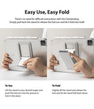 Fusion + Outstanding | iPad - Hands demonstrating how to adjust and fold the iPad stand attached to a clear protective case.