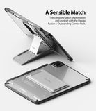Fusion + Outstanding | iPad - iPad in a clear case with a foldable silver stand, shown propped up and lying flat.