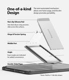 Fusion + Outstanding | iPad - Exploded view diagram showing the components of an iPad stand, including hinge, spring, and pad.