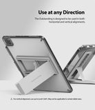 Fusion + Outstanding | iPad - Two iPads in clear cases with silver kickstands positioned in vertical and horizontal orientations.