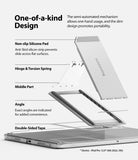 Fusion Plus + Outstanding | iPad - Exploded view of an iPad stand showing silicone pads, hinge, spring, and adhesive tape.