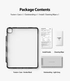 Fusion Plus + Outstanding | iPad - Smoke black tablet case, light gray kickstand, installation guide, and cleaning wipe.