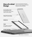 Fusion Plus + Outstanding | iPad - Exploded view of an iPad stand showing silicone pads, hinge, spring, and adhesive.