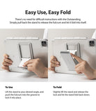 Fusion Plus + Outstanding | iPad - Hands demonstrating how to adjust and fold the iPad stand attached to a clear case.