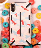 iPhone XS Max Case | Dual-X Design - Pink camouflage phone case with black accents surrounded by colorful gummy rings.