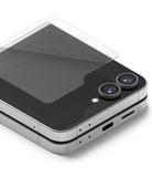 Galaxy Z Flip 7 FE Screen Protector | Cover Display Glass (2 Pack) - Transparent glass protector hovering above the folded phone's cover display.