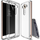 LG V10 Case | Fusion - Clear protective phone case shown from front, back, and bottom angles with rose gold accents.