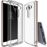 LG V10 Case | Fusion - Clear protective phone case shown from front, back, and bottom angles with rose gold accents.