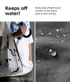 Day-Me Bag - A person holding a water-resistant bag under an umbrella next to a close-up of water beads on the fabric.