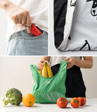 Day-Me Bag - A collage showing a compact red pouch, a patterned tote, and a green bag filled with bananas and produce.