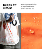 Day-Me Bag - A person holding a white bag with orange trim and a close-up of water droplets beading on orange fabric.
