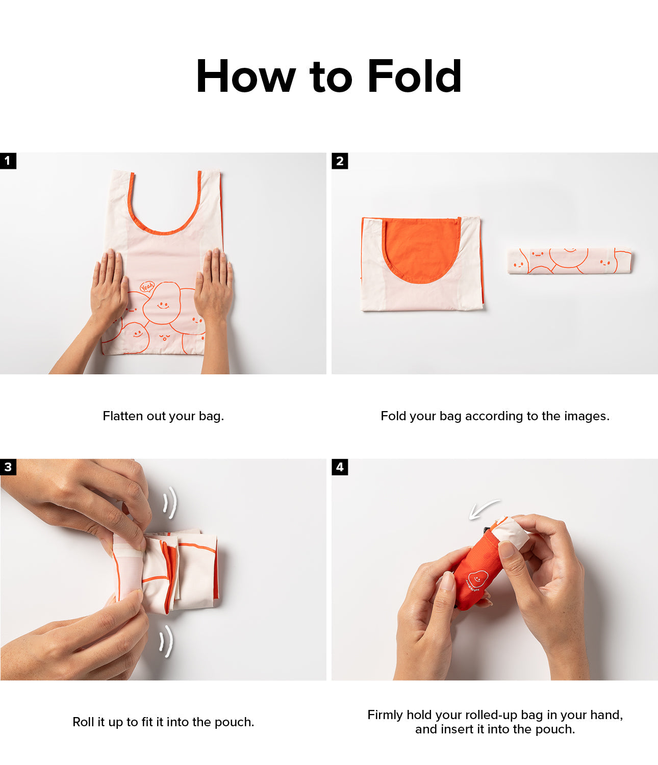 Day-Me Bag - Four-step instructional guide showing hands folding and rolling a patterned tote bag into a small pouch.