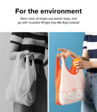 Day-Me Bag - Comparison of a person holding a single-use plastic bag versus a reusable, illustrated Ringke Day-Me bag.