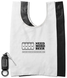 Day-Me Bag - White tote bag with "NEED MORE BEER" text and four-can graphic, shown with a matching black folded pouch.