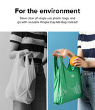 Day-Me Bag - Comparison of a person holding a white plastic bag versus a green reusable Ringke bag with an orange.
