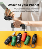 Day-Me Bag - A person holding a phone with a small bag attached, plus a collection of colorful bags on a yellow background.