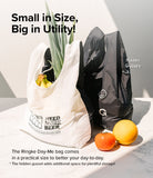 Day-Me Bag - White and black reusable shopping bags filled with groceries on a marble surface with text overlays.