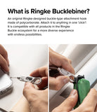 Day-Me Bag - Hands attaching a gray Ringke Bucklebiner to a phone strap and a green fabric pouch.