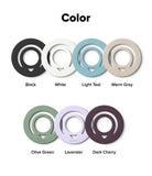 Dual Magnetic Silicone Ring - Color options chart showing circular ring-shaped accessories in multiple shades: Black, White, Light Teal, Warm Gray, Olive Green, Lavender, and Dark Cherry, arranged on a white background under the heading 'Color'.