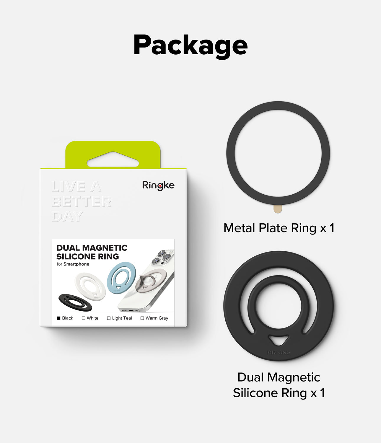 Dual Magnetic Silicone Ring - Product package with a metal plate ring and a black dual magnetic silicone ring.