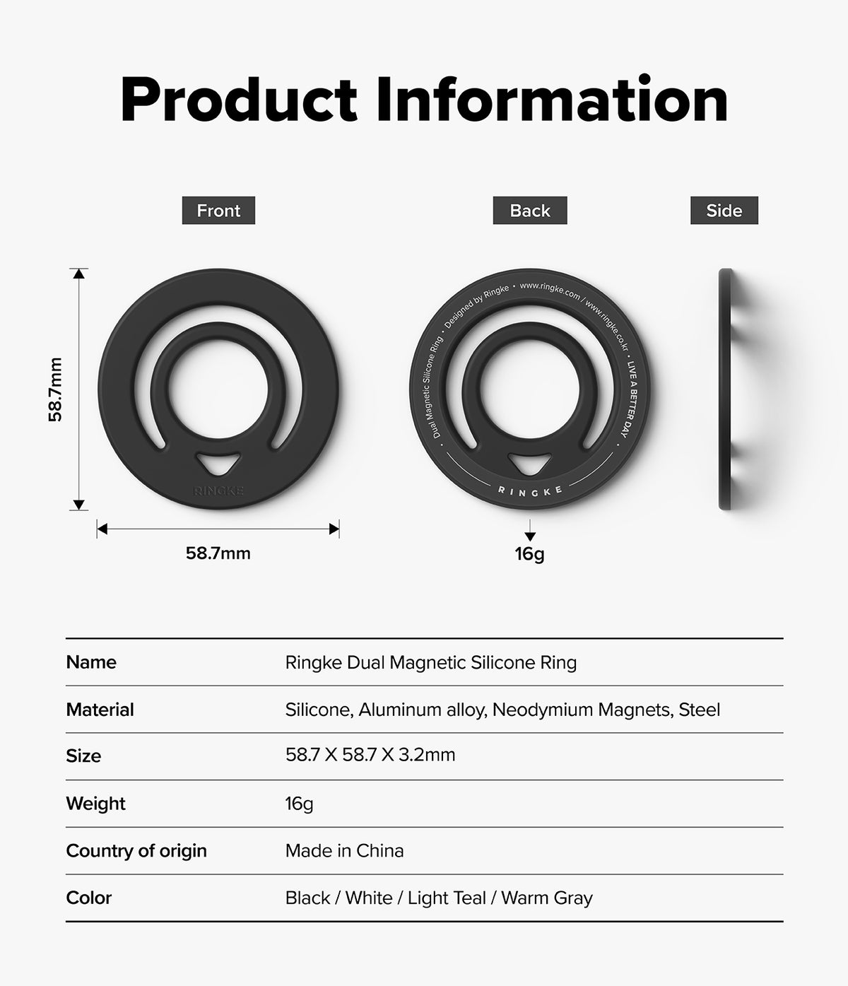 Dual Magnetic Silicone Ring - Technical diagram showing front, back, and side views with dimensions and product specifications.