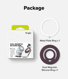 Dual Magnetic Silicone Ring - Product package and components for a Ringke Dual Magnetic Silicone Ring on a light gray background. The package is white with a lime green tab and shows the Ringke branding.