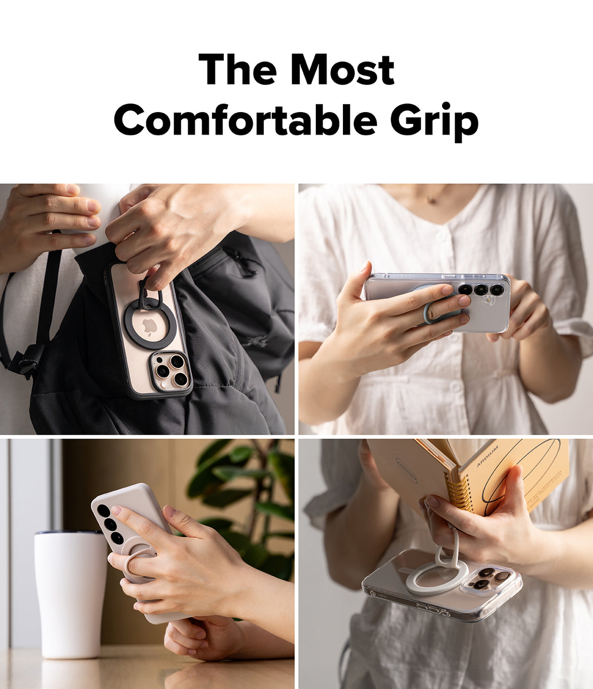 Dual Magnetic Silicone Ring - Collage of people using a phone with a grip accessory, emphasizing comfort.