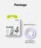 Dual Magnetic Silicone Ring - Product package and included accessories on a light gray background under the heading 'Package'. The image shows Ringke branded retail packaging, a white metal plate ring, and a lavender dual magnetic silicone ring with text labels indicating one of each.