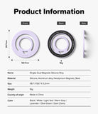 Dual Magnetic Silicone Ring - Product information diagram showing a ring-shaped magnetic accessory from front, back, and side views, with dimensions, weight (16g), and a list of available colors on a light gray background.
