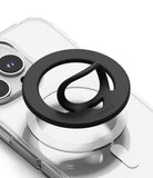 Dual Magnetic Silicone Ring - Black silicone ring with a flexible finger loop attached to a clear phone case.