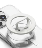 Dual Magnetic Silicone Ring - White silicone magnetic phone ring holder with a pull-out loop attached to a clear phone case.