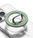 Dual Magnetic Silicone Ring - A sage green Ringke magnetic phone grip mount attached to a clear phone case, shown on a white background.