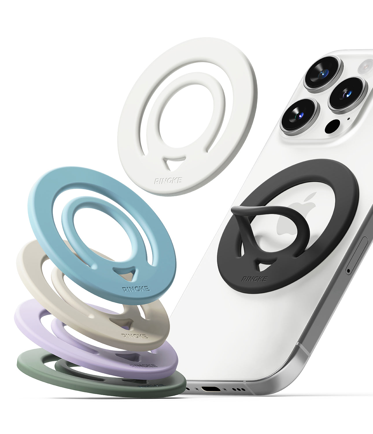 Dual Magnetic Silicone Ring - Magnetic silicone phone ring grip shown attached to a smartphone, with multiple color options displayed.