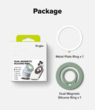 Dual Magnetic Silicone Ring - Product package and included components on a light gray background under the heading 'Package'. The image shows Ringke dual magnetic silicone ring packaging, a white metal plate ring, and a sage green dual magnetic silicone ring with text labels.