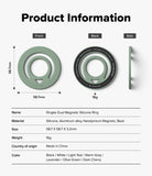 Dual Magnetic Silicone Ring - Product information graphic for a Ringke Dual Magnetic Silicone Ring, showing front, back, and side views with dimensions, weight, and a list of available colors on a light gray background.