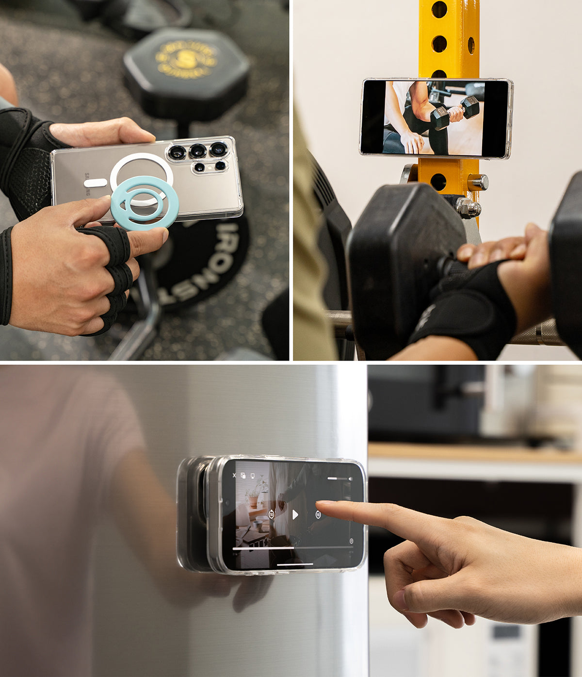 Dual Magnetic Silicone Ring - A phone with a magnetic ring attached to gym equipment and a refrigerator surface.