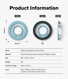 Dual Magnetic Silicone Ring - Product information sheet for a Ringke Dual Magnetic Silicone Ring, showing front, back, and side views with dimensions, weight, and available color options on a light gray background.