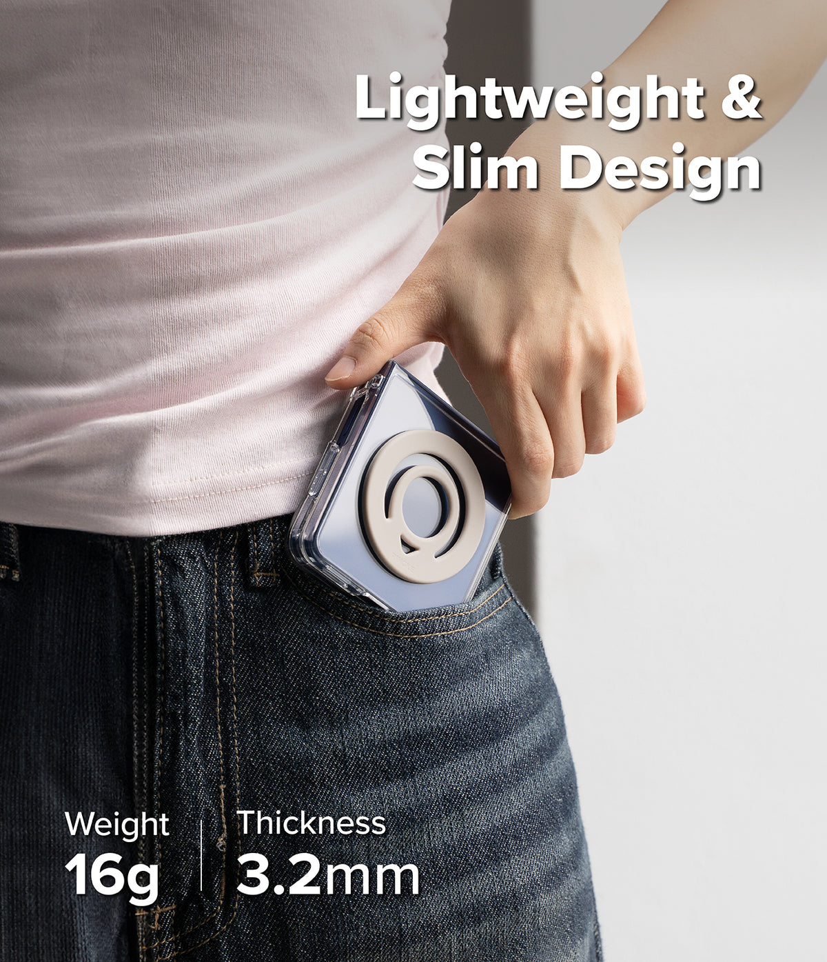 Dual Magnetic Silicone Ring - Person holding a small, lightweight device with text highlighting its features.