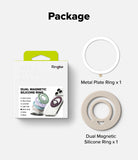 Dual Magnetic Silicone Ring - Product package and two silicone ring options on a light gray background under the heading 'Package'. The left side shows the Ringke retail box labeled 'DUAL MAGNETIC SILICONE RING', and the right side shows two circular ring views: a white 'Metal Plate Ring x 1' and a beige 'Dual Magnetic Silicone Ring x 1'.