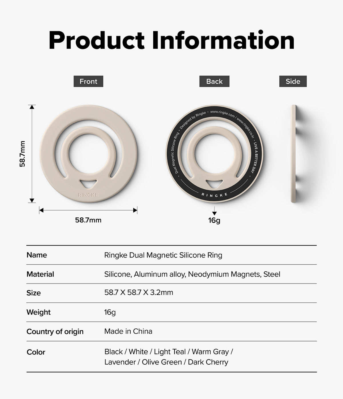 Dual Magnetic Silicone Ring - Product information graphic for a Ringke Dual Magnetic Silicone Ring, showing front, back, and side views with dimensions, weight, and a list of available colors on a light gray background.