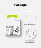 Dual Magnetic Silicone Ring - Product packaging and components for a Ringke Dual Magnetic Silicone Ring on a light gray background. The image shows the retail box alongside two white rings: a flat circular metal plate ring and a dual magnetic silicone ring.