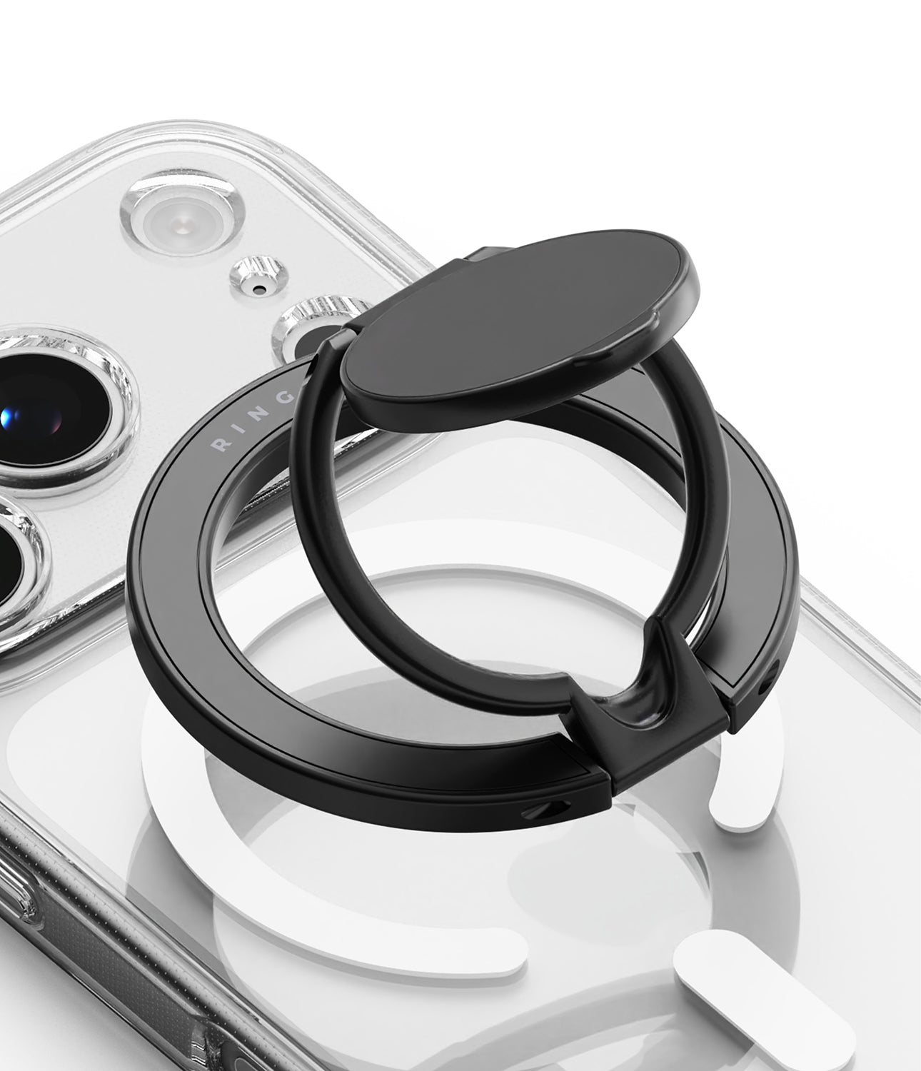 Dual Magnetic Smart Holder - A black magnetic ring holder attached to the back of a clear smartphone case.