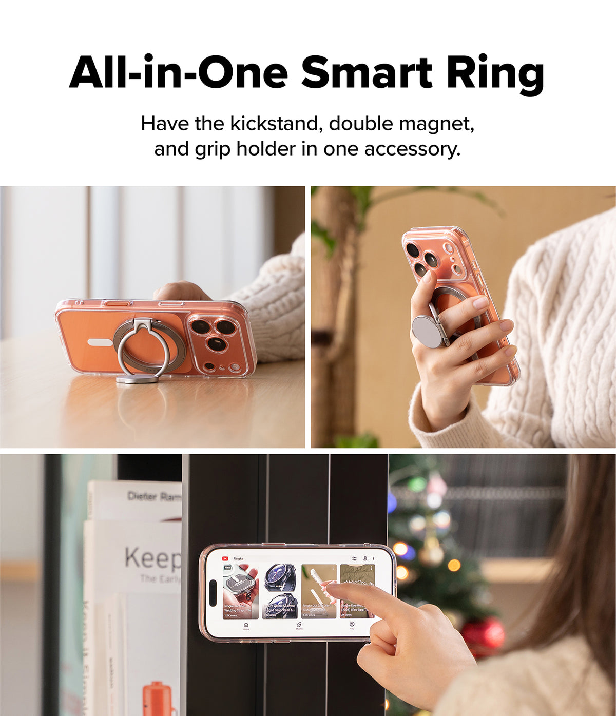 Dual Magnetic Smart Holder - A silver magnetic ring accessory shown as a kickstand, phone grip, and magnetic wall mount.