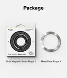 Dual Magnetic Smart Ring - Package contents showing one black magnetic ring in retail packaging and one silver metal plate.