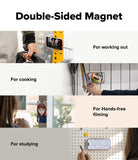 Dual Magnetic Smart Ring - Four panels showing a phone magnetically attached to gym equipment, a kitchen wall, glass, and a pegboard.
