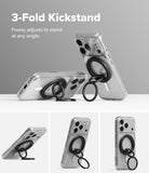 Dual Magnetic Smart Ring - A phone case with a black 3-fold magnetic ring stand shown in various adjustable viewing angles.