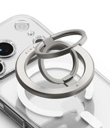 Dual Magnetic Smart Ring - A silver dual-ring magnetic phone grip attached to the back of a clear smartphone case.