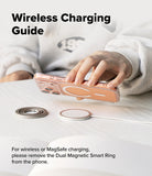 Dual Magnetic Smart Ring - A hand holding a phone above a wireless charger, showing the ring must be removed for charging.