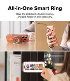 Dual Magnetic Smart Ring - A silver ring accessory on a phone case acting as a kickstand, finger grip, and magnetic mount.